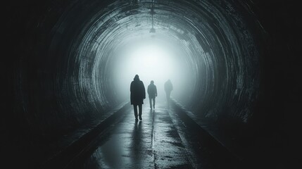 Mysterious Silhouettes Walking Through a Foggy Tunnel with Dramatic Lighting and Reflections on Wet Ground