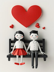 A boy and a girl are sitting on a bench, white background, a red heart above their heads