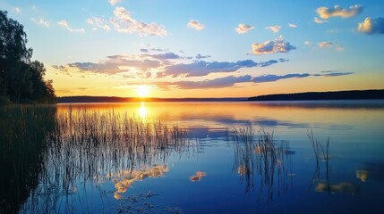 Fototapeta premium A beautiful lake with a sunset in the background