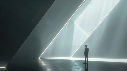A lonely silhouette of a businessman standing in a large, empty room with concrete walls, embodying the concept of isolation and deep thought.