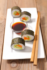 maki sushi food with soy sauce and chopsticks