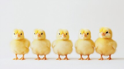 Naklejka premium Five adorable yellow chicks standing in a row, showcasing cuteness and innocence