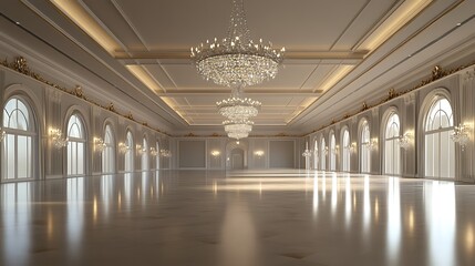 Obraz premium Sophisticated Empty Event Hall with Expansive Floor Plan, Crystal Chandeliers, and Customizable Decor
