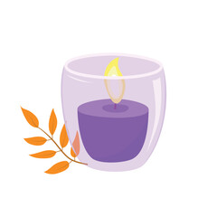 Scented candle vector. Handmade aromatherapy candle clipart. Cozy autumn element. Flat vector in cartoon style isolated on white background.