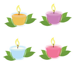 Scented candle vector set. Handmade aromatherapy candle clipart. Cozy autumn element. Flat vector in cartoon style isolated on white background.