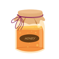 Honey jar with paper lid. Honey jar or honey bank vector. Jar of honey. Sweet food. Autumn element. Flat vector in cartoon style isolated on white background.