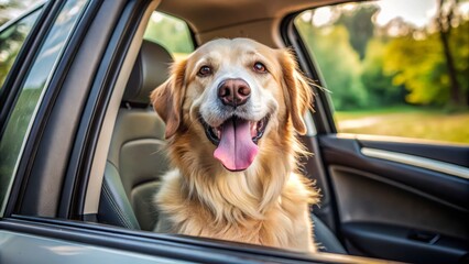 a photo image of a dog sitting in the front passenger seat of a car with a slobbery face and tongue out