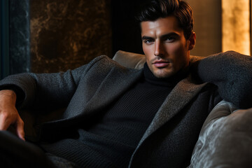 Obraz premium Confident Man Relaxing in Stylish Winter Outfit, Cozy Evening Portrait - Luxury Lifestyle Advertisement