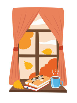 recommend clip art: Cozy autumn window vector set. Window with autumn view, book and coffee cup on the windowsill. Autumn element. Autumn clipart. Seasonal view from window. Flat vector in cartoon style isolated on white