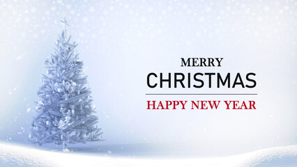 Merry Christmas snowy landscape background with Christmas tree and snowflakes, 3D rendering.