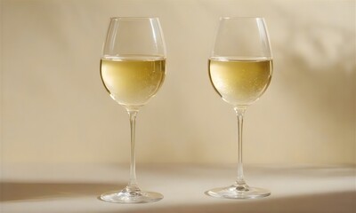Fototapeta premium Two glasses filled with white wine are displayed against a light background, showcasing a minimalistic and elegant concept