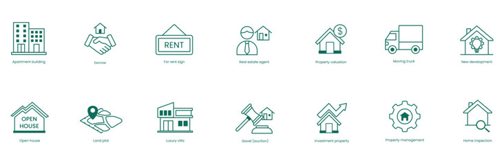 Real Estate Vector Icon Set: Apartment Building, Escrow, For Rent Sign, Real Estate Agent, Property Valuation, Moving Truck, New Developments, Open House, Land Plot, Luxury Villa, Auction