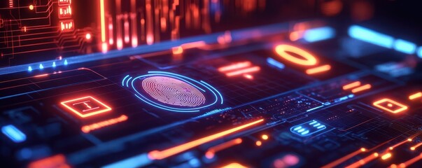 Obraz premium A secure payment interface with a glowing fingerprint and padlock icons, Futuristic, Biometric theme, Neon lights, High-tech atmosphere
