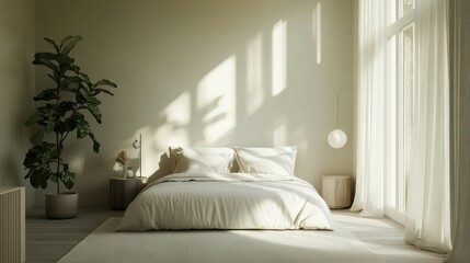 A bedroom with a white bed, a wooden bench, and a vase with dried flowers on it