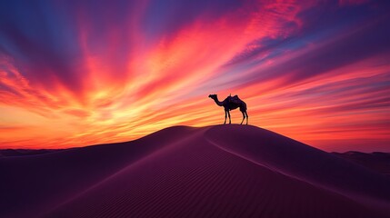 Lone camel on a sand dune during a colorful desert sunset
