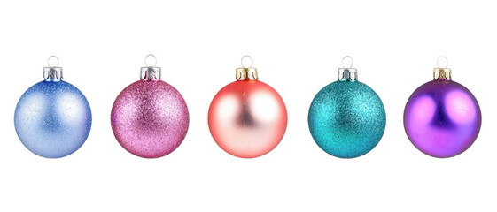 Colorful Christmas ornaments, shimmering blue, pink, copper, teal, and purple, cut out transparent isolated PNG