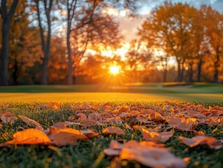 beautiful golf course in autumn or fall during  sunset or sunrise, generative ai
