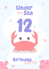 Sea creature birthday card for children. Fun twelfth birthday invite with a cute red crab and coral accents in soft tones.