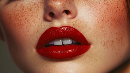 Naklejka premium Close-up shot of a woman's face with vibrant red lipstick and prominent freckles ideal for beauty, makeup, and skincare advertising