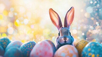Bunny ears peeking behind Easter eggs, focus on playful imagery, cute and fun, Double exposure silhouette with bunny face