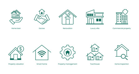 Real Estate Vector Icon Set: Home Loan, Escrow, Renovation, Luxury Villa, Commercial Property, Property Valuation, Smart Home, Property Management, Townhouse, Home Inspection
