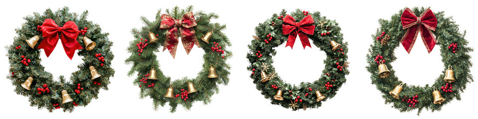 Festive Christmas wreath crafted from lush evergreen branches ,cut out transparent isolated PNG