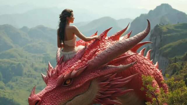 Woman rides red dragon atop mountain peak. Hand rests on dragon's neck, overlooking lush green valleys. Vast landscape stretches to misty horizon, merging fantasy with natural beauty.	