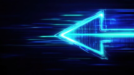 Neon blue arrow glowing on a dark background, symbolizing speed and direction in a futuristic, digital setting.