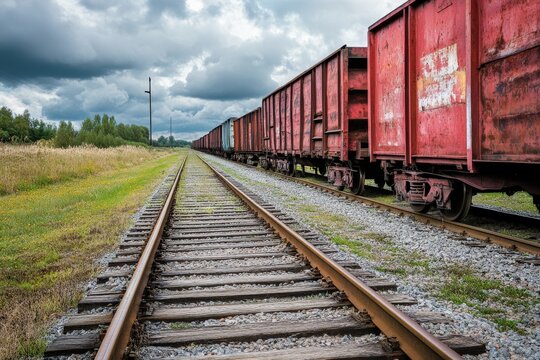 A long, rusty freight train stretches along parallel tracks under an overcast sky, symbolizing the journey and resilience of heavy industry amidst natural surroundings.