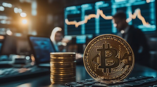 Bitcoin Investment Analysis by Diverse Professionals with Data Screens in Background