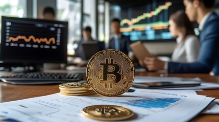 Financial Analysis with Bitcoin: Diverse Team Examining Data in Modern Office Environment