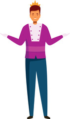 Smiling prince wearing crown standing with open arms inviting to ball