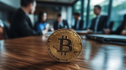 Cryptocurrency Strategy Meeting: Bitcoin Coin in Focus with Diverse Professionals in Modern Office Environment