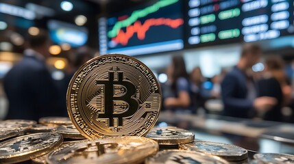 Focused Bitcoin Coin with Diverse Business Team and Stock Data Screens in Background