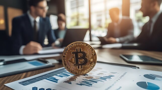 Collaborative Financial Analysis: Diverse Professionals Discussing Bitcoin and Business Reports in Modern Workspace