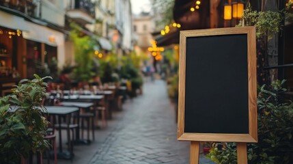 A blackboard is on a wooden stand in front of a restaurant
