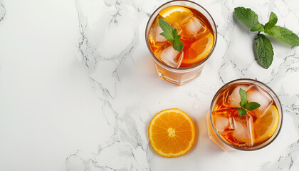 Glasses of delicious iced tea on marble table, top view. Space for text