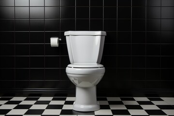 A white toilet against a backdrop of black tiles
