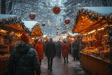 Naklejka premium New Year's market with decorated stalls and people walking in winter snow