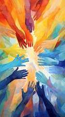 Vibrant Abstract Unity: Colorful Hands Joined in Diversity. Watercolor Charity Concept Celebrating Inclusion and Humanity. Bright Artistic Representation of Love, Warmth, and Compassion for Marketing 