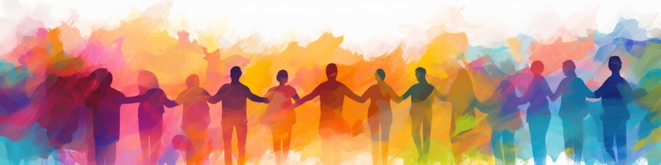 Fototapeta premium Vibrant Abstract Unity: Colorful Hands Joined in Diversity. Watercolor Charity Concept Celebrating Inclusion and Humanity. Bright Artistic Representation of Love, Warmth, and Compassion for Marketing 