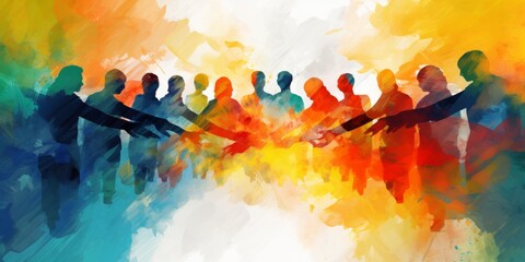 Vibrant Abstract Unity: Colorful Hands Joined in Diversity. Watercolor Charity Concept Celebrating Inclusion and Humanity. Bright Artistic Representation of Love, Warmth, and Compassion for Marketing 
