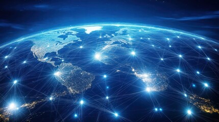 A blue and white globe with a network of lights on it