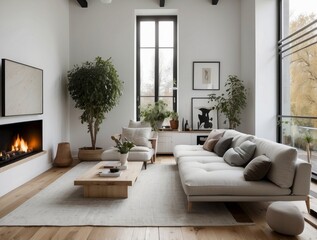 Fototapeta premium Modern Living Room with White Sofa, Fireplace, and Large Windows