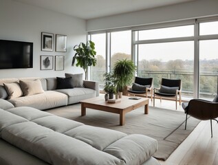 Fototapeta premium Modern living room with a sectional sofa, chairs, and a view of trees