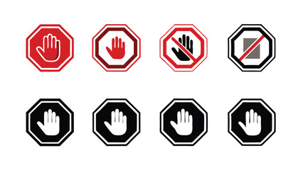 Set of stop sign icons with a white hand symbolizing 