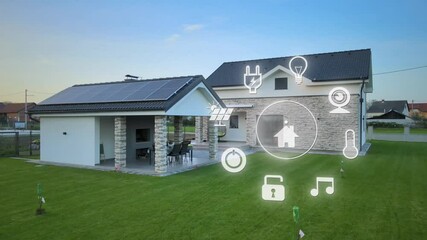 Animation of smart home system icons in front of modern house with solar panels