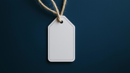 Fototapeta premium blank price tag on navy background, blank white badge mockup, empty name tag