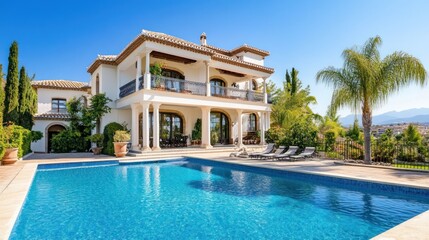 Fototapeta premium A large house with a pool and a palm tree in the background