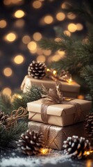 christmas and new year background - gift boxes and pine cones and branches on the background of bokeh garlands